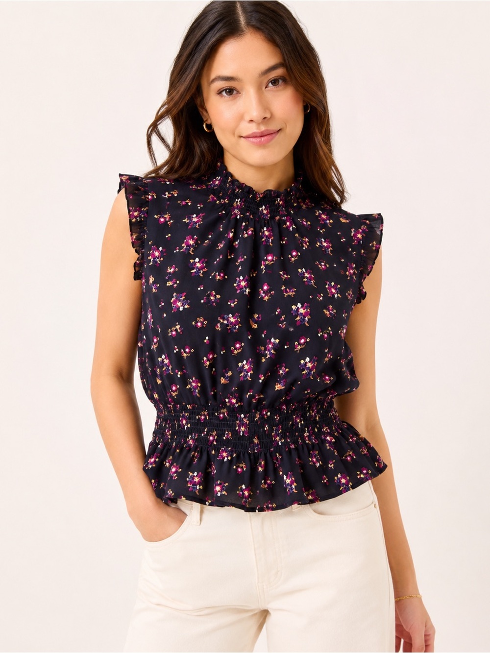 J.Crew Navy Floral Smocked Mock Neck Peplum Blouse Size 00 lined